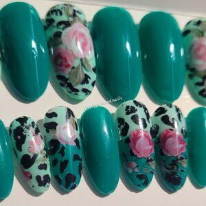 Green and Mint Green, Black Leopard Print and Pink Flowers- Oval Shaped Nails